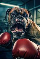 Bulldogge Hund Boxer Boxen Ring Handschuhe Foto humanisiert Tier realistisch Zähne echt