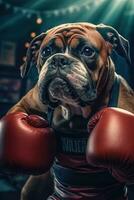 Bulldogge Hund Boxer Boxen Ring Handschuhe Foto humanisiert Tier realistisch Zähne echt