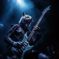 Katze Sänger realistisch Foto Felsen Metall Gitarre Bass Bühne Szene Fachmann Schuss Musik- Konzert Band