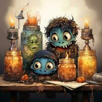 Kürbis Buch Kerzen Halloween Illustration Kunstwerk unheimlich Grusel isoliert tätowieren Fantasie Karikatur foto