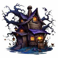 Schloss Haus mit Geister Mond Halloween Illustration unheimlich Grusel Design tätowieren isoliert Fantasie foto