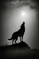 Wolf einsam groß Mond einsam Studio Silhouette Foto schwarz Weiß von hinten beleuchtet Porträt Bewegung Kontur tätowieren