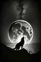 Wolf einsam groß Mond einsam Studio Silhouette Foto schwarz Weiß von hinten beleuchtet Porträt Bewegung Kontur tätowieren