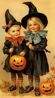 Jahrgang retro Kinder Buch Postkarte Illustration 1950er Jahre unheimlich Halloween Kostüm Lächeln Hexe foto