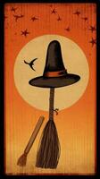 Hut Besen Jahrgang retro Buch Postkarte Illustration 1950er Jahre unheimlich Halloween Kostüm Lächeln Hexe foto
