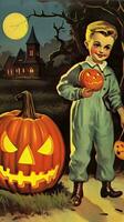 Jahrgang retro Kinder Buch Postkarte Illustration 1950er Jahre unheimlich Halloween Kostüm Lächeln Hexe foto