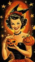 Frau weiblich Hexe Jahrgang retro Buch Postkarte Illustration 1950er Jahre unheimlich Halloween Kostüm Lächeln foto