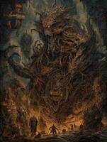Diablo Satana Dämon Schlacht tätowieren Epos dunkel Fantasie Illustration Kunst unheimlich Poster Öl Gemälde foto