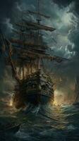 Schiff Meer Welle Epos dunkel Fantasie Illustration Kunst unheimlich detailliert Poster Öl Gemälde Apokalypse foto