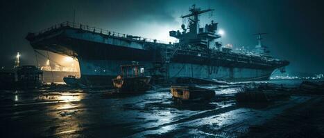 Kriegsschiff Träger Schiff Militär- Post Apokalypse Landschaft Spiel Hintergrund Foto Kunst Illustration Rost