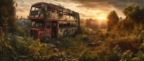 rot Bus doppelt Decker London Post Apokalypse Landschaft Spiel Hintergrund Foto Kunst Illustration Rost