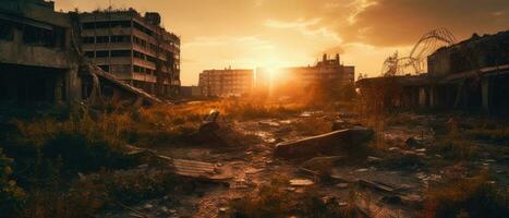 Stadt Landschaft Sonnenaufgang Staub Nebel Apokalypse Landschaft Spiel Hintergrund Foto Kunst Illustration Rost