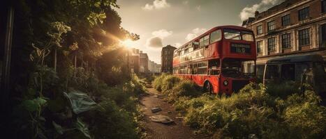 rot Bus doppelt Decker London Post Apokalypse Landschaft Spiel Hintergrund Foto Kunst Illustration Rost