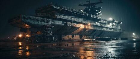 Kriegsschiff Träger Schiff Militär- Post Apokalypse Landschaft Spiel Hintergrund Foto Kunst Illustration Rost