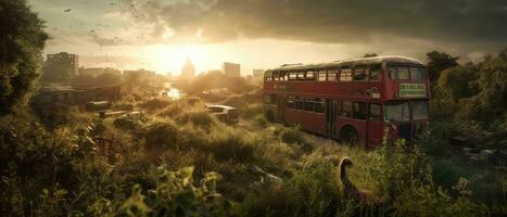 rot Bus doppelt Decker London Post Apokalypse Landschaft Spiel Hintergrund Foto Kunst Illustration Rost