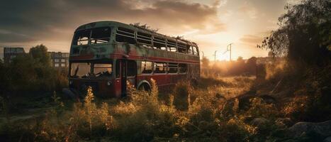 rot Bus doppelt Decker London Post Apokalypse Landschaft Spiel Hintergrund Foto Kunst Illustration Rost