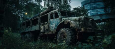 Jeep LKW Militär- Auto Post Apokalypse Landschaft Spiel Hintergrund Foto Kunst Illustration Rost
