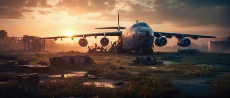 groß Krieg Flugzeug Militär- Post Apokalypse Landschaft Krieg Spiel Hintergrund Foto Kunst Illustration Rost