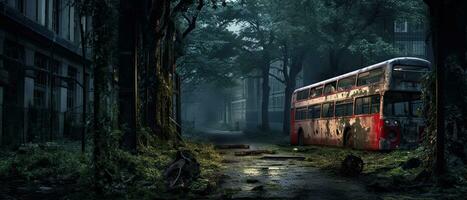 rot Bus doppelt Decker London Post Apokalypse Landschaft Spiel Hintergrund Foto Kunst Illustration Rost