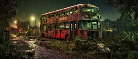 rot Bus doppelt Decker London Post Apokalypse Landschaft Spiel Hintergrund Foto Kunst Illustration Rost