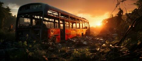 rot Bus doppelt Decker London Post Apokalypse Landschaft Spiel Hintergrund Foto Kunst Illustration Rost