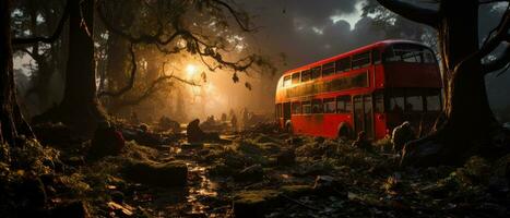 rot Bus doppelt Decker London Post Apokalypse Landschaft Spiel Hintergrund Foto Kunst Illustration Rost