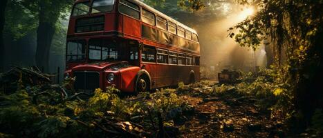 rot Bus doppelt Decker London Post Apokalypse Landschaft Spiel Hintergrund Foto Kunst Illustration Rost