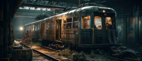 Zug Wagen U-Bahn Bahnhof Post Apokalypse Landschaft Spiel Hintergrund Foto Kunst Illustration Rost