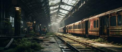 Zug Wagen U-Bahn Bahnhof Post Apokalypse Landschaft Spiel Hintergrund Foto Kunst Illustration Rost