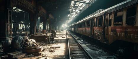 Zug Wagen U-Bahn Bahnhof Post Apokalypse Landschaft Spiel Hintergrund Foto Kunst Illustration Rost