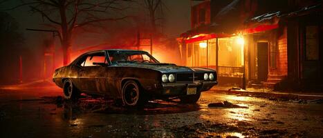 retro Auto Muskel isoliert Post Apokalypse Landschaft Spiel Hintergrund Foto Kunst Illustration Rost