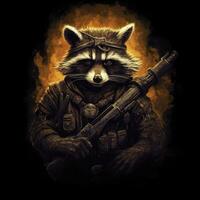 Waschbär Gewehr Gewehr T-Shirt Design Attrappe, Lehrmodell, Simulation druckbar Startseite tätowieren isoliert Vektor Illustration Kunstwerk foto