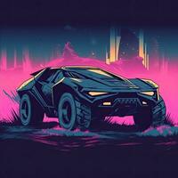 hyper Auto Cyberpunk T-Shirt Design Attrappe, Lehrmodell, Simulation druckbar Startseite tätowieren isoliert Vektor Illustration Kunst foto