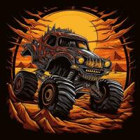 wütend max Auto Monster LKW T-Shirt Design Attrappe, Lehrmodell, Simulation druckbar Startseite tätowieren isoliert Vektor Illustration foto