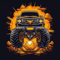 wütend max Auto Monster LKW T-Shirt Design Attrappe, Lehrmodell, Simulation druckbar Startseite tätowieren isoliert Vektor Illustration foto