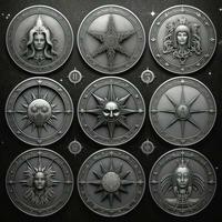 Silber mystisch Kosmos Kompass Planet Tarot Karte Konstellation Navigation Tierkreis Illustration foto