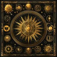 golden mystisch Kosmos Kompass Planet Tarot Karte Konstellation Navigation Tierkreis Illustration foto