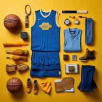 Sport Basketball Jahrgang Knolling eben liegt Mode Foto Salon stilvoll Kleider Sammlung einstellen
