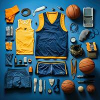 Sport Basketball Jahrgang Knolling eben liegt Mode Foto Salon stilvoll Kleider Sammlung einstellen