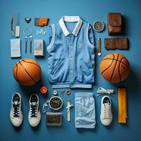 Sport Basketball Jahrgang Knolling eben liegt Mode Foto Salon stilvoll Kleider Sammlung einstellen