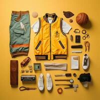 Sport Basketball Jahrgang Knolling eben liegt Mode Foto Salon stilvoll Kleider Sammlung einstellen