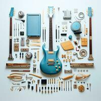 Gitarre Künstler Musik- Jahrgang Knolling eben liegt Mode Foto Salon stilvoll Mode Sammlung einstellen