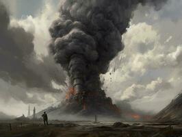 Vulkan Explosion Feuer Rauch Landschaft Stadt Mystiker Poster Außerirdischer Steampunk Hintergrund Fantastisch foto