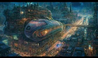 Nacht Stadt futuristisch Straße Landschaft Stadt Mystiker Poster Außerirdischer Steampunk Hintergrund Fantastisch foto