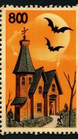 Schloss Haus Fledermäuse Mond süß Porto Briefmarke retro Jahrgang 1930er Jahre Halloween Illustration Scan Poster foto