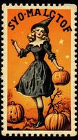 Hexe Frau süß Porto Briefmarke retro Jahrgang 1930er Jahre Halloween Kürbis Illustration Scan Poster foto