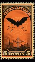 Fledermäuse Mond süß Porto Briefmarke retro Jahrgang 1930er Jahre Halloween Kürbis Illustration Scan Poster foto