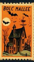 Schloss Haus Fledermäuse Mond süß Porto Briefmarke retro Jahrgang 1930er Jahre Halloween Illustration Scan Poster foto