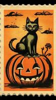 schwarz Katze Hut süß Porto Briefmarke retro Jahrgang 1930er Jahre Halloween Kürbis Illustration Scan Poster foto