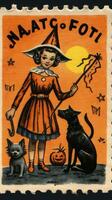 Hexe Frau süß Porto Briefmarke retro Jahrgang 1930er Jahre Halloween Kürbis Illustration Scan Poster foto